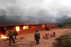 Soldiers burning houses in Cameroon Data base of Atrocities Releases Eight Verifications of Explosions, Burnings, Arbitrary Arrests against Civilians in Cameroon