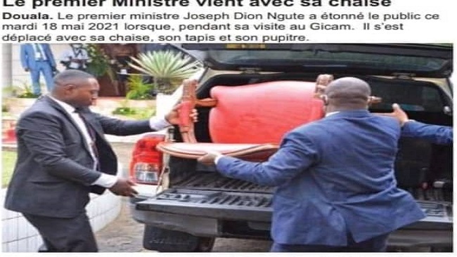 Dion Ngute’s chair Dion Ngute-Laurent Esso Palaver: PM travels to Douala with his own seat, carpet, food and drinking water